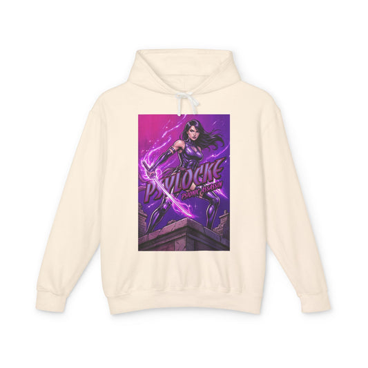 Psylocke Hoodie | Marvel Superhero Hoodie | Psionic Assassin Pullover featuring purple psychic blade graphic on cream cotton pullover