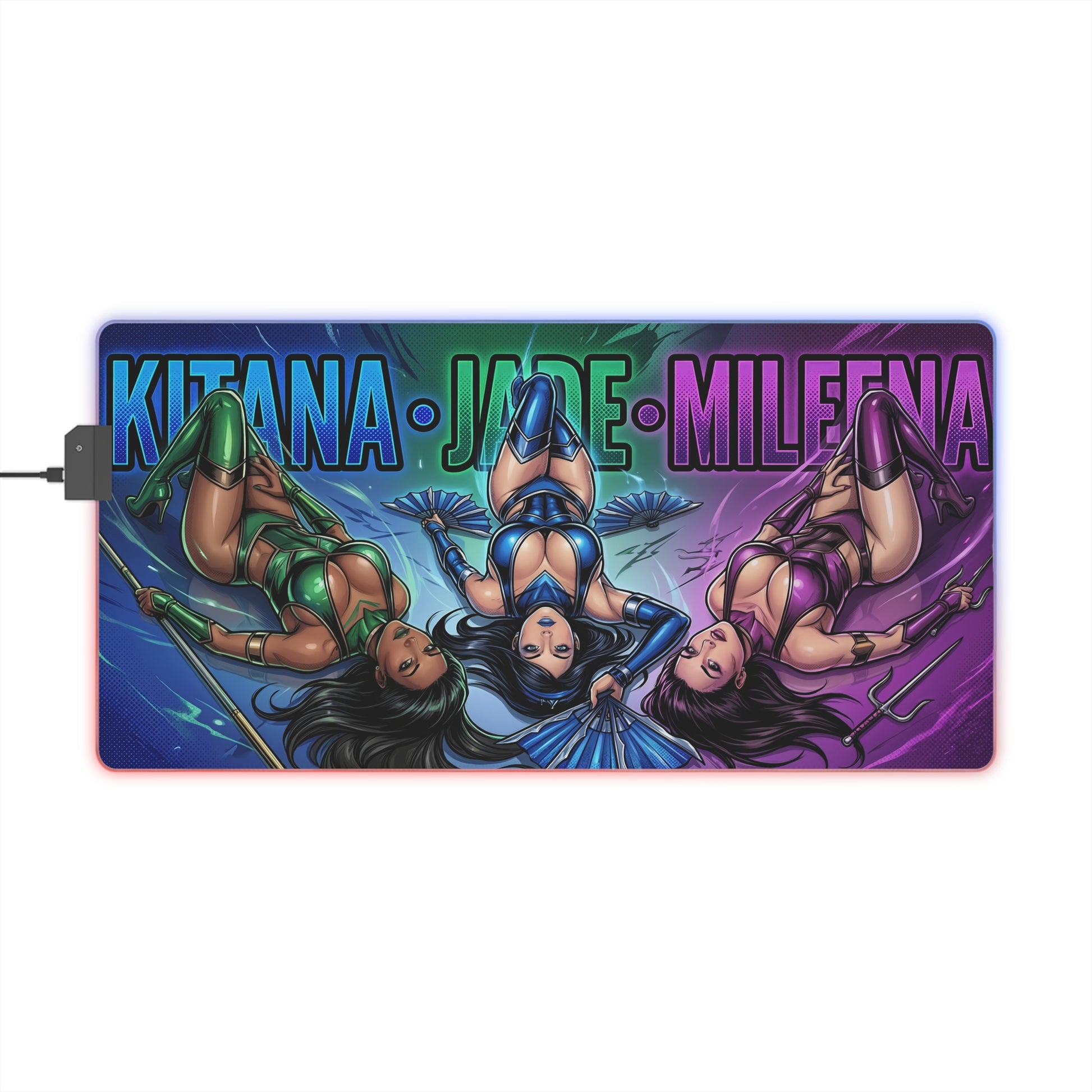 Kitana Jade Mileena RGB Desk Mat, Mortal Kombat Gaming Mouse Pad, LED Desk Mat with trio artwork of Kitana, Jade and Mileena on RGB LED surface