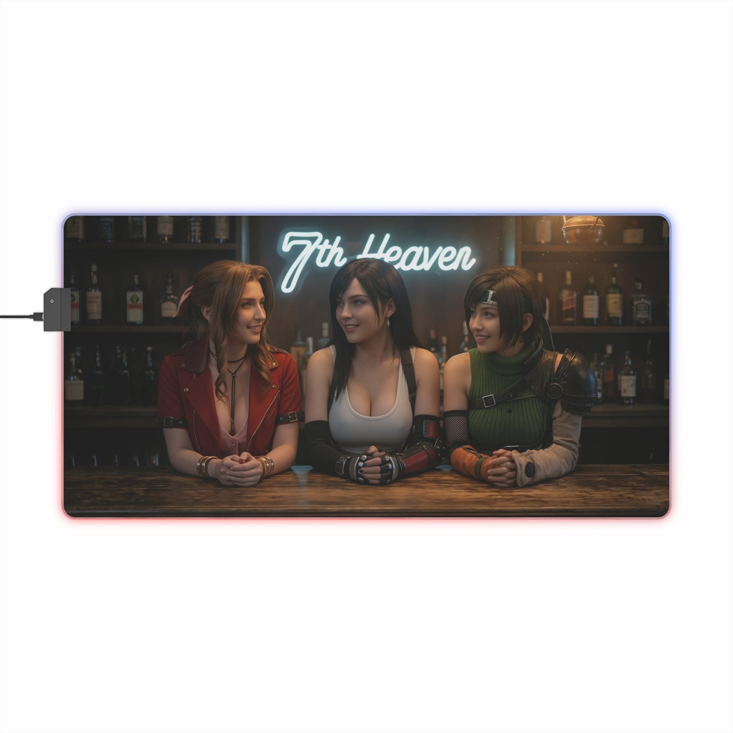 Tifa Lockhart, Aerith Gainsborough & Yuffie Kisaragi Desk Mat – LED RGB Pad featuring trio at 7th Heaven bar with RGB edge lighting