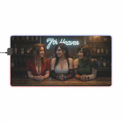 Tifa Lockhart, Aerith Gainsborough & Yuffie Kisaragi Desk Mat – LED RGB Pad featuring trio at 7th Heaven bar with RGB edge lighting