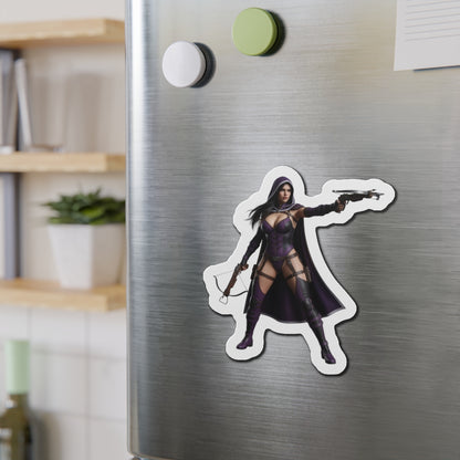 Huntress Magnet – DC Comic Heroine Fridge Magnet, Anime Style Decor: die-cut vinyl Huntress fridge magnet on stainless refrigerator
