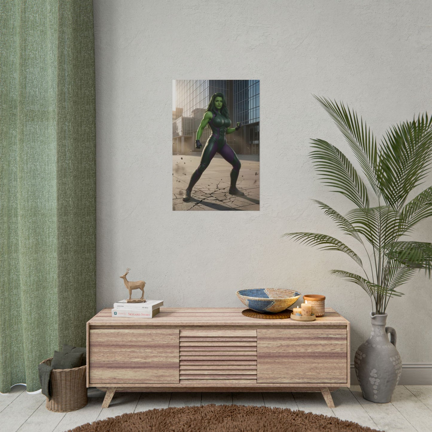 She-Hulk Poster, Marvel Art Print – Superhero Wall Art on living room wall over console, green superhero decor