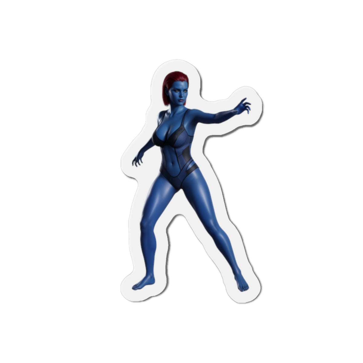 Mystique Magnet – Marvel Mutant Fridge Magnet, Anime Style Decor die-cut vinyl sticker showing blue-skinned Mystique in anime-style pose for fridge, locker, gaming setup
