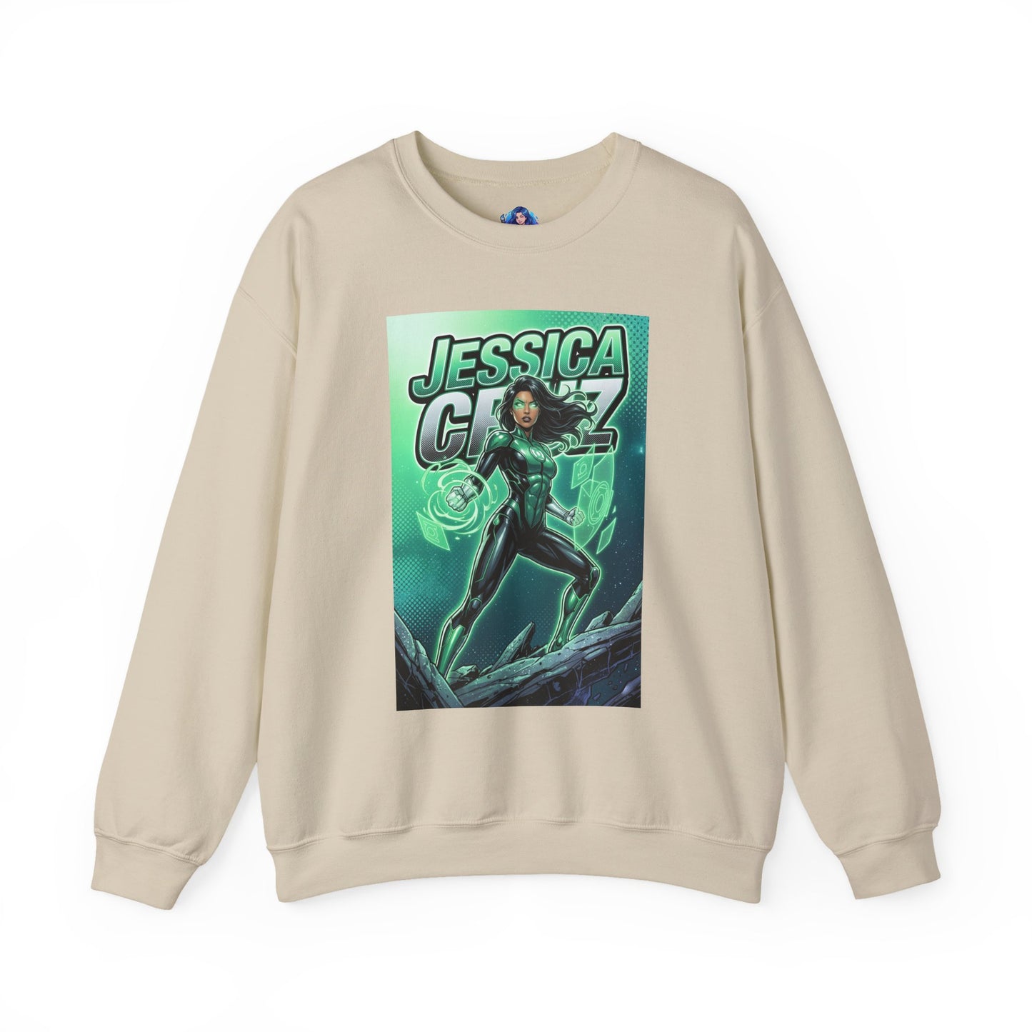 Jessica Cruz Sweatshirt, DC Comics Crewneck, Green Lantern Fan Apparel — beige crewneck with glowing Jessica Cruz comic art