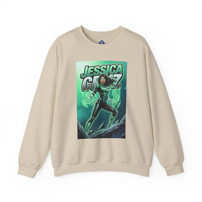Jessica Cruz Sweatshirt, DC Comics Crewneck, Green Lantern Fan Apparel — beige crewneck with glowing Jessica Cruz comic art