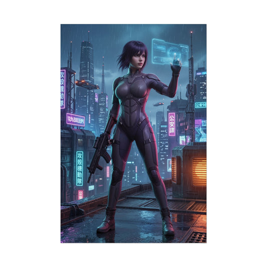 Motoko Kusanagi Poster, Ghost in the Shell Art Print – Sci-Fi Wall Art: cyberpunk Motoko in tactical suit holding rifle on neon city rooftop