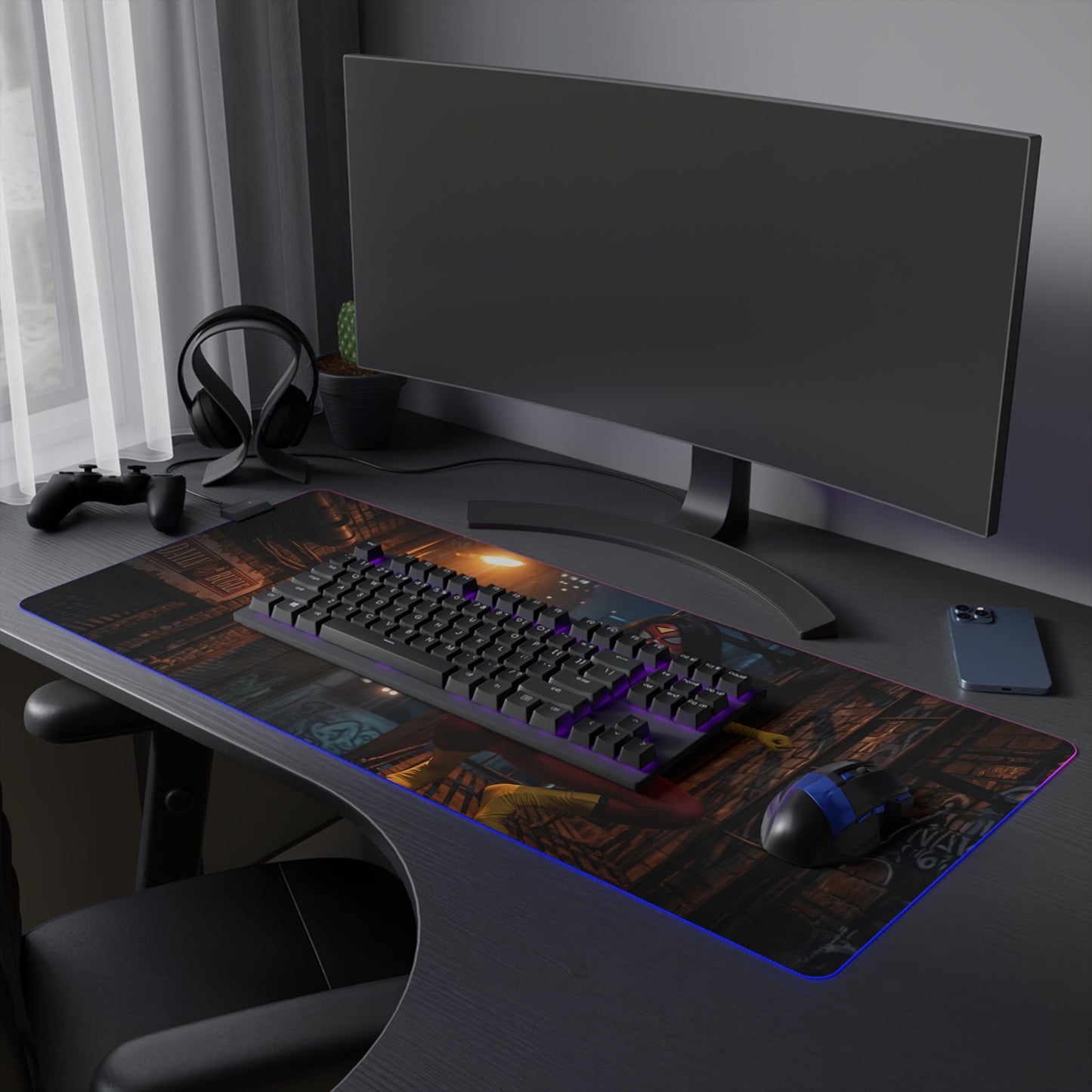 Spider-Woman Desk Mat – LED RGB Pad, Waifu Hero Anime Girl Setup on gaming desk with keyboard, mouse and RGB lighting