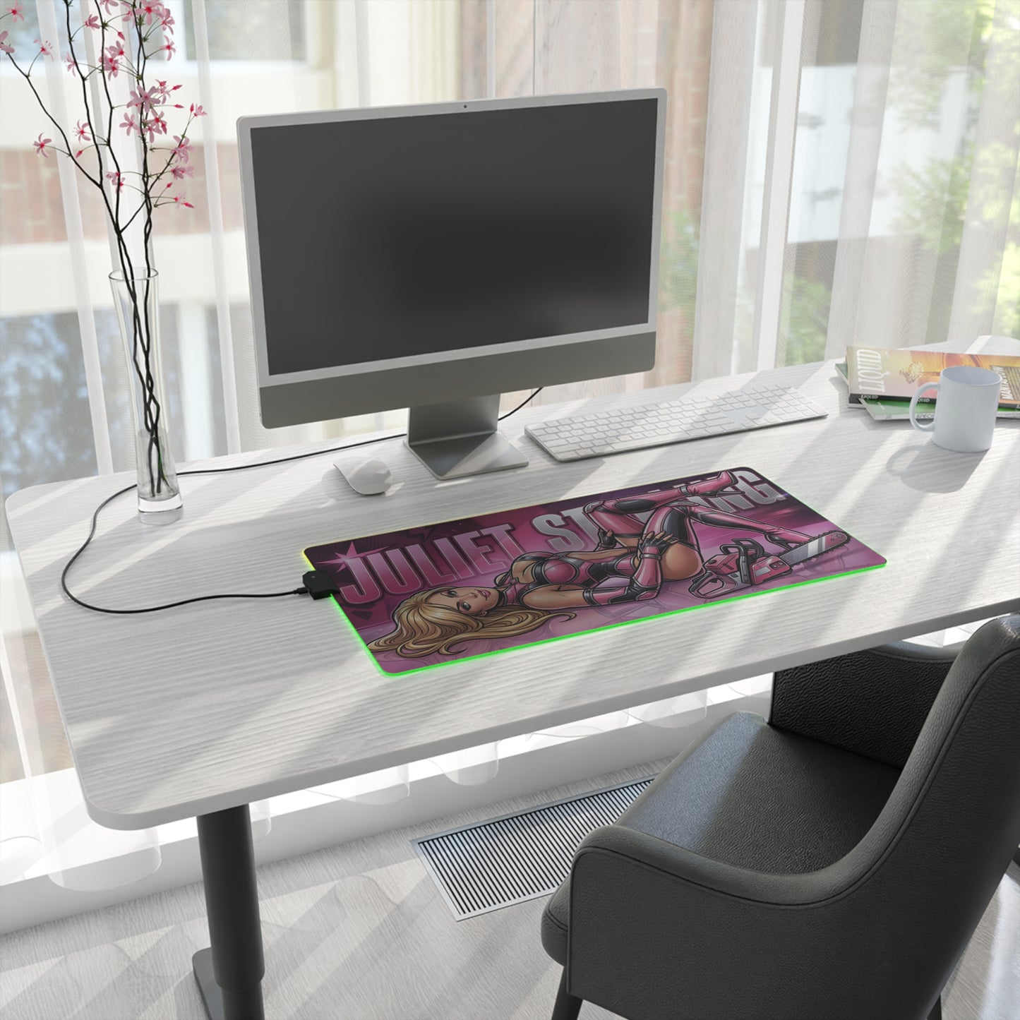 Juliet Starling RGB Desk Mat, Action Game Mouse Pad, LED Desk Mat for Gamer Desk Setup showing vibrant pink action-game artwork with RGB edge on a clean gaming desk