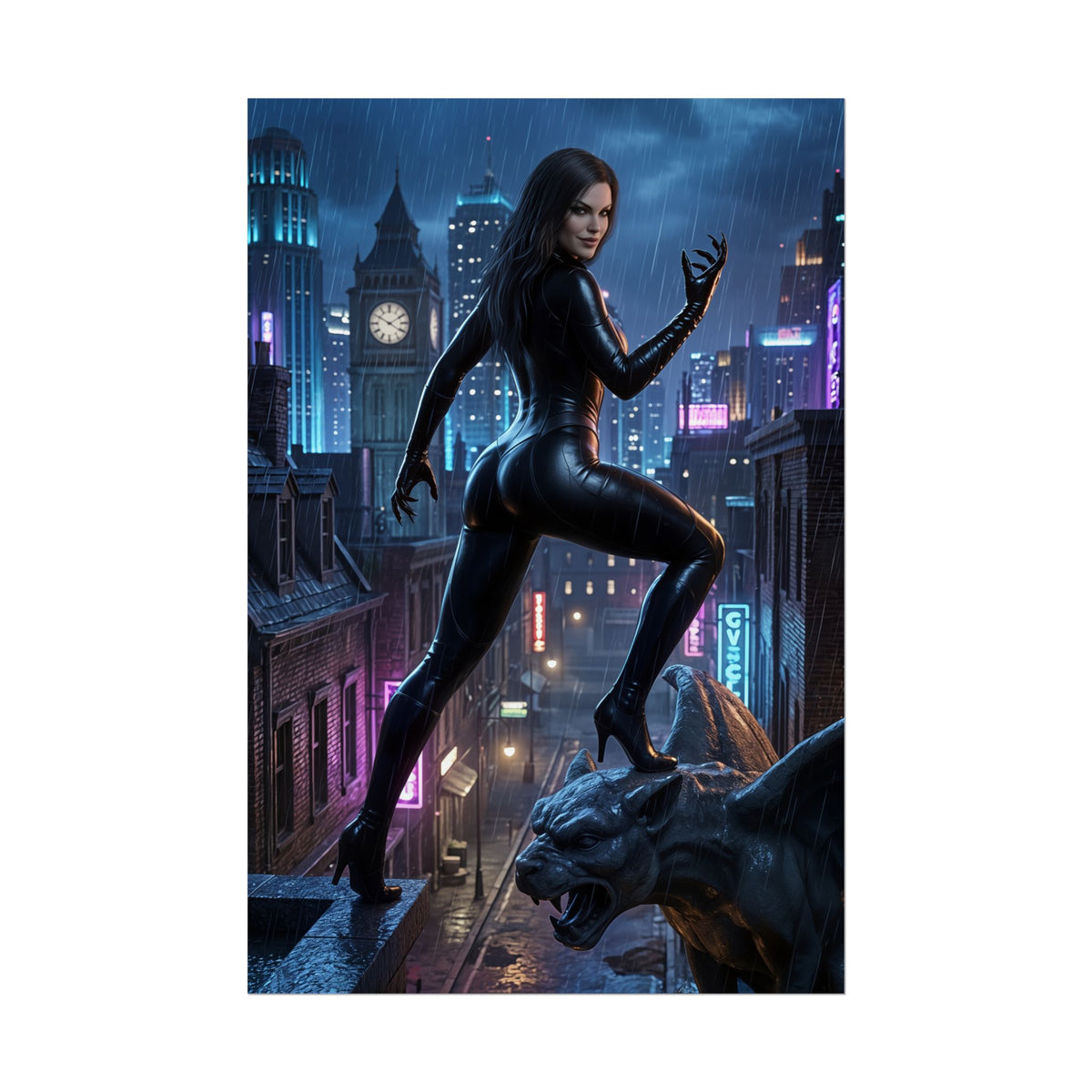 Black Cat Poster, Marvel Art Print  Comic Heroine Collector Wall Art - sleek Black Cat in leather suit on rooftop gargoyle at night cityscape