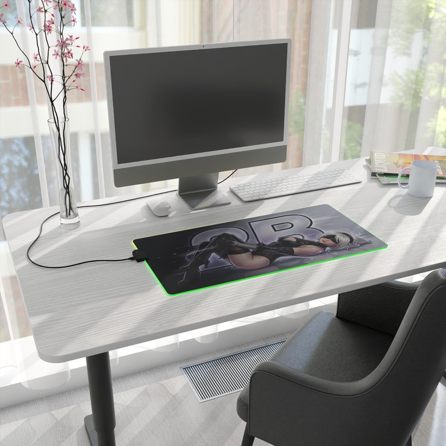 2B RGB Desk Mat, NieR Automata Gaming Mouse Pad, LED Desk Mat on modern white desk with green RGB lighting and sci-fi 2B artwork