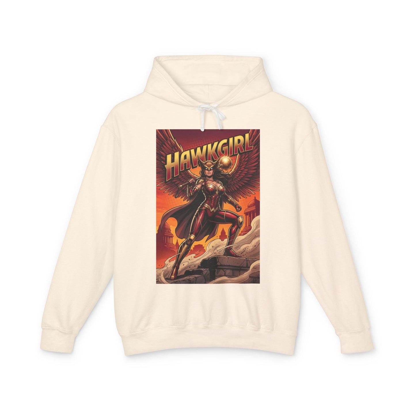 Hawkgirl Hoodie | DC Superhero Hoodie | Winged Warrior Pullover featuring bold vintage comic art of Hawkgirl with wings on cream cotton pullover