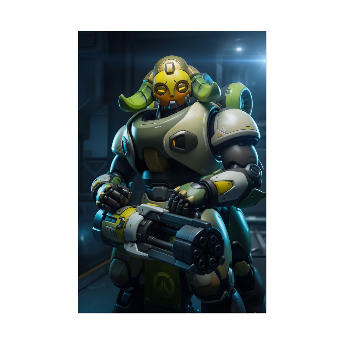 Orisa Poster, Overwatch Art Print  Iconic Guardian Tank Hero Wall Art featuring Orisa guardian tank holding fusion cannon in futuristic gamer room decor
