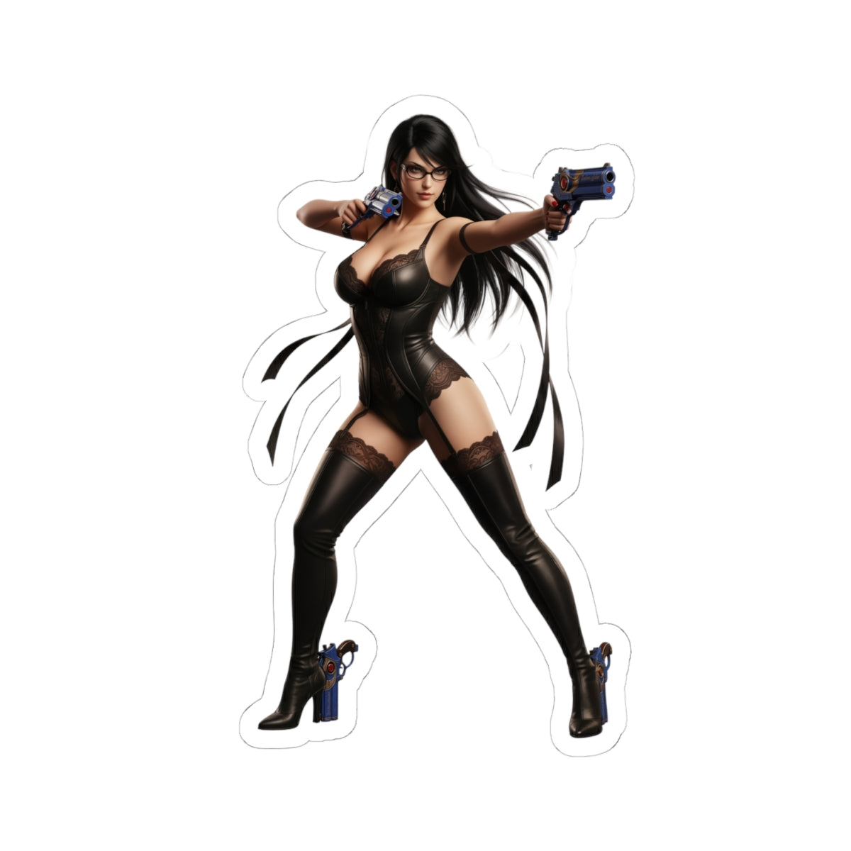 Bayonetta Sticker – Action Game Vinyl Sticker for Laptops & Indoor Decor: glossy durable vinyl decal of iconic action-game heroine aiming twin pistols, perfect for laptops