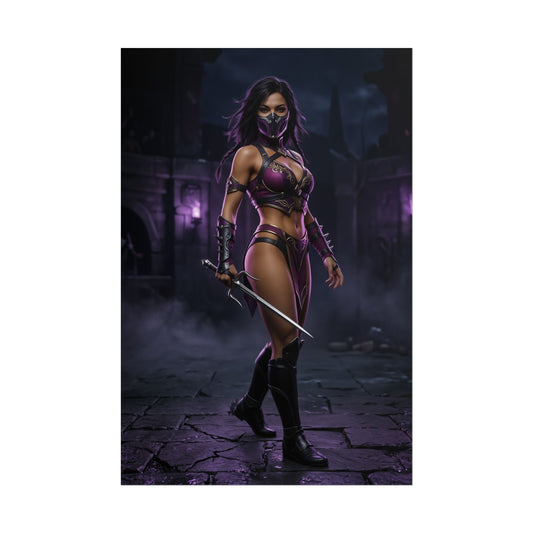 Mileena Poster Mortal Kombat Wall Art Print Gaming Room Decor featuring Mileena in purple cinematic lighting with sais, dark arena background