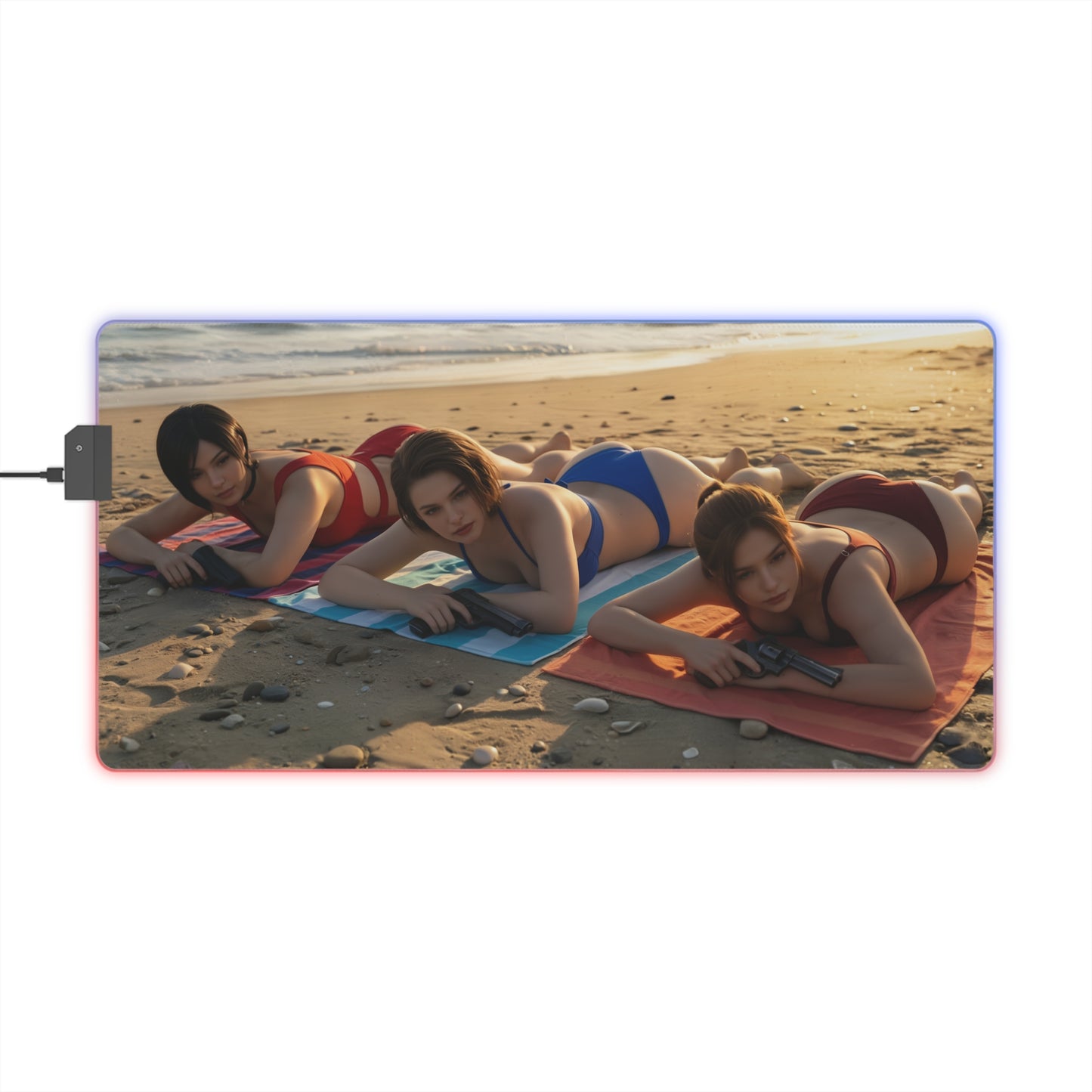 Ada Wong, Claire Redfield & Jill Valentine Desk Mat – LED RGB Pad showing three heroines on beach mat with RGB edge lighting
