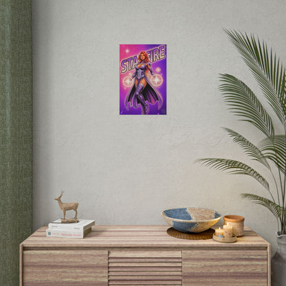 Starfire Poster / Starfire Wall Art / Starfire Art Print / DC Comics Poster featuring radiant purple-pink Starfire with cosmic energy on styled living room wall