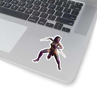 Mileena Sticker – Mortal Kombat Vinyl Sticker for Laptops & Indoor Decor on silver laptop showing purple-clad character decal