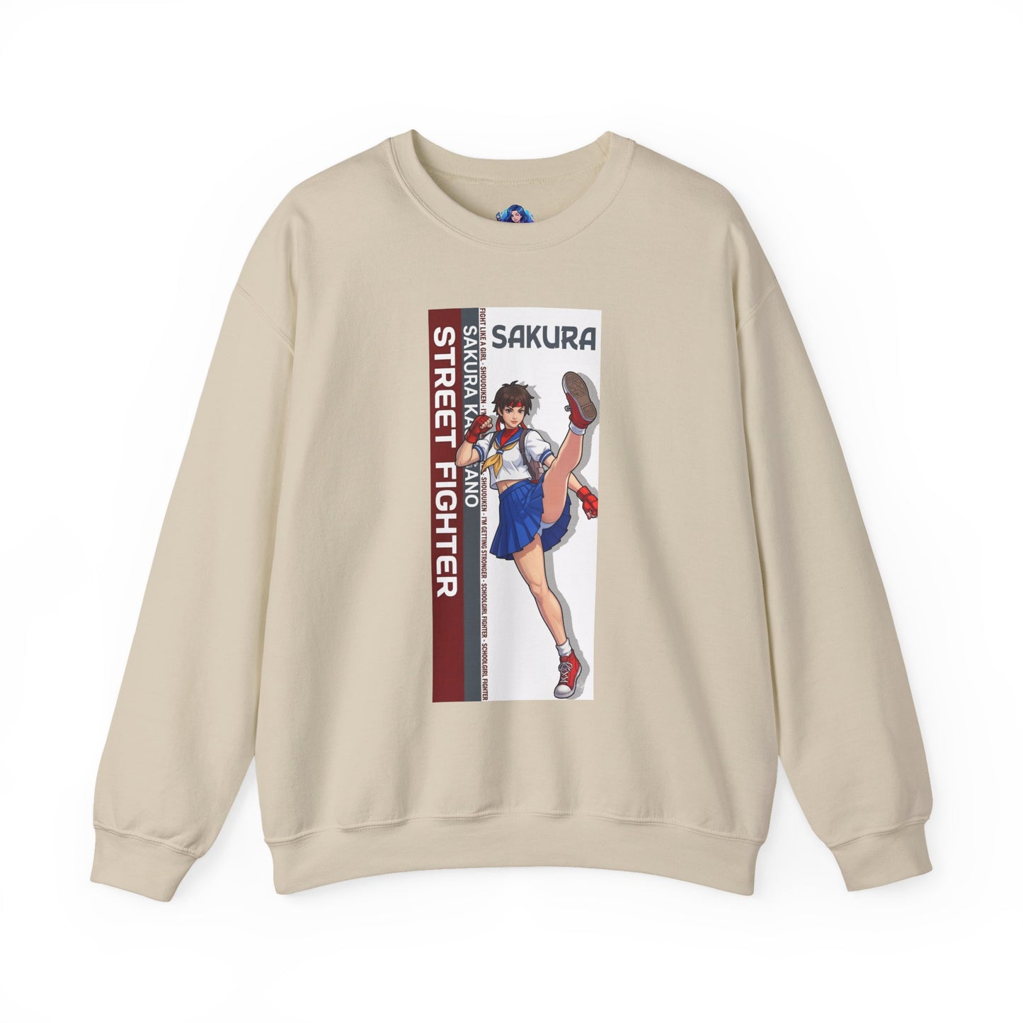 Sakura Sweatshirt, Street Fighter Crewneck, Classic Fighting Game Apparel for Fans — beige crewneck with Sakura character artwork