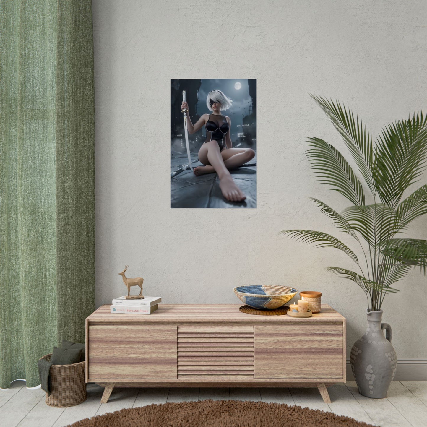 2B Poster / 2B Wall Art / 2B Art Print / NieR Automata Poster - moonlit ruin 2B holding sword, cinematic sci‑fi wall art for gamers and anime collectors