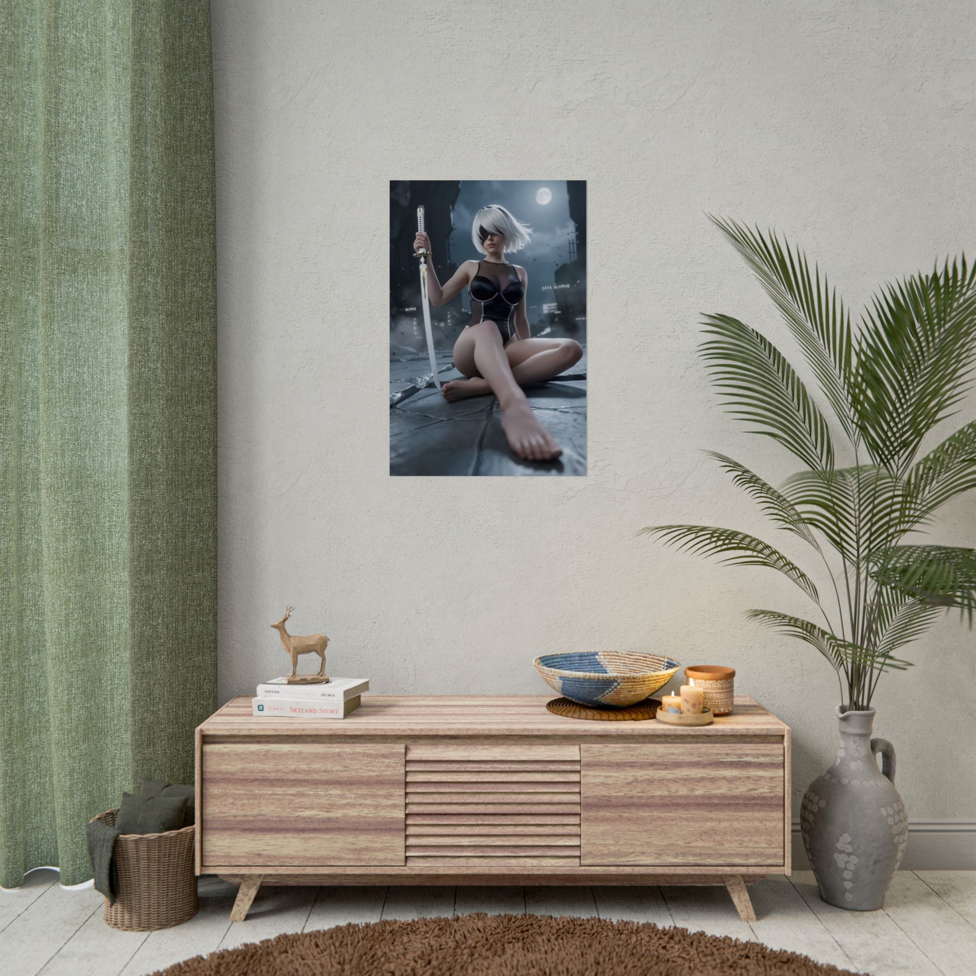 2B Poster / 2B Wall Art / 2B Art Print / NieR Automata Poster - moonlit ruin 2B holding sword, cinematic sci‑fi wall art for gamers and anime collectors