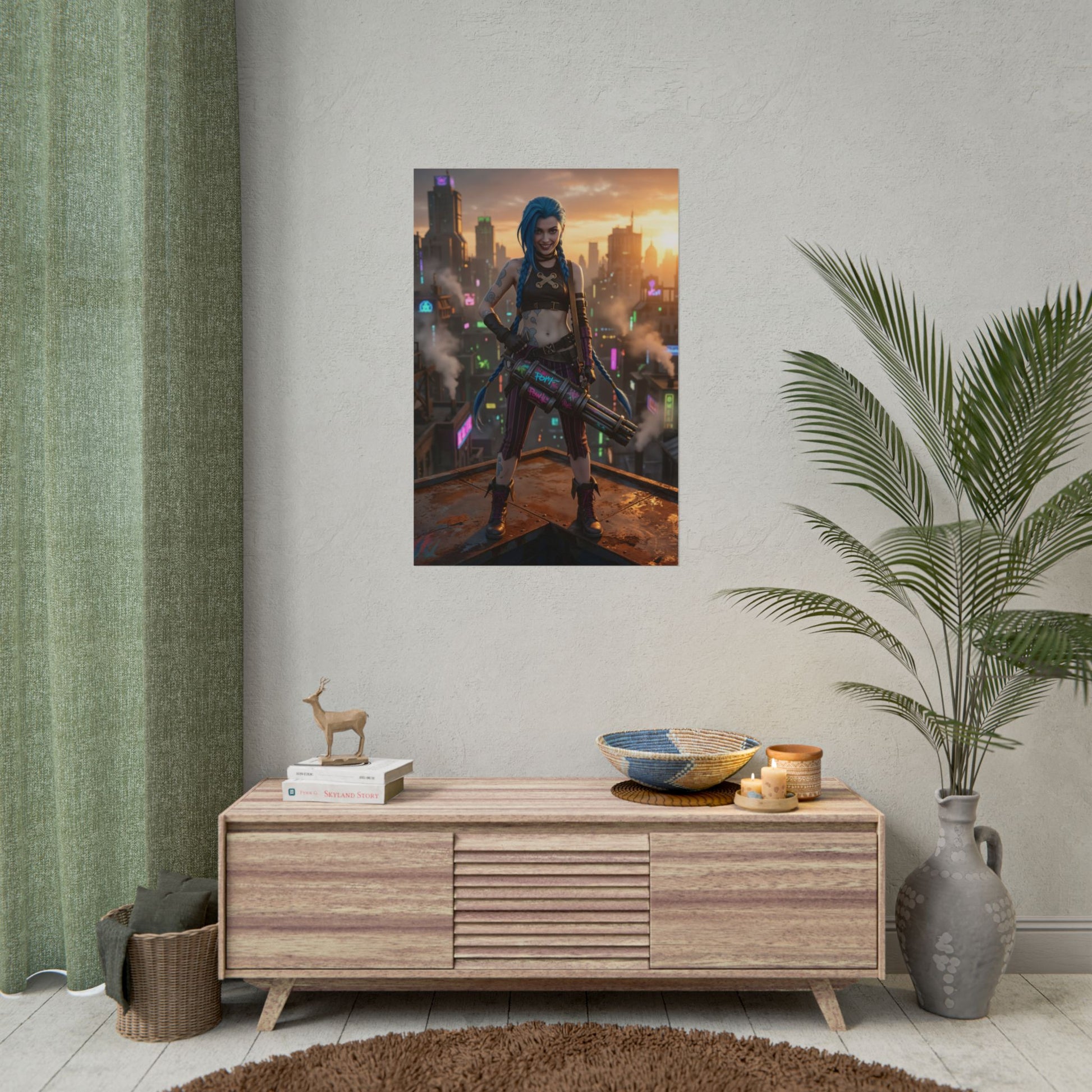 Jinx Poster, League of Legends Art Print, Iconic Chaotic Champion on modern gaming room wall showing bold character pose and neon city backdrop