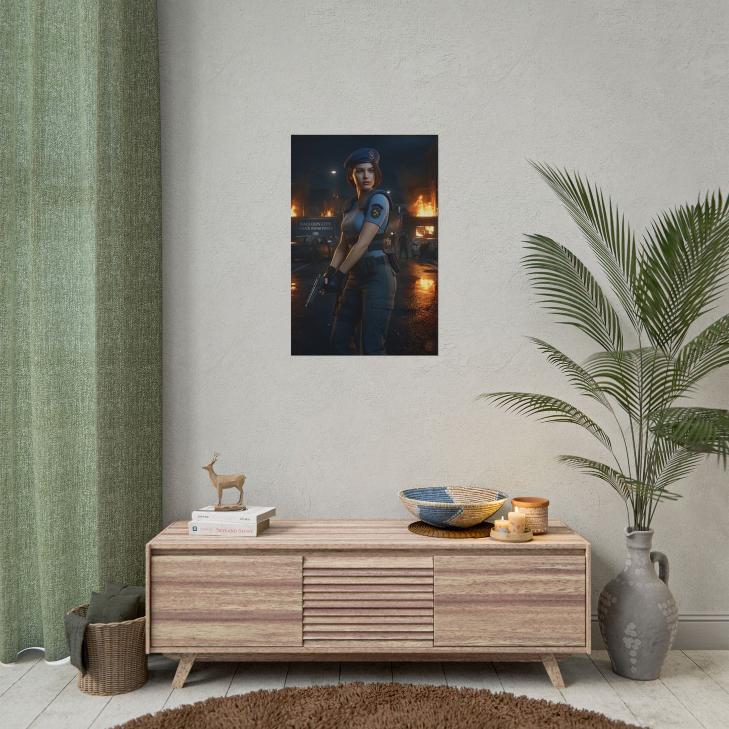 Jill Valentine Poster – Iconic Survival Heroine Wall Art for Gamer Decor framed on living room wall, vivid ultra-high resolution print