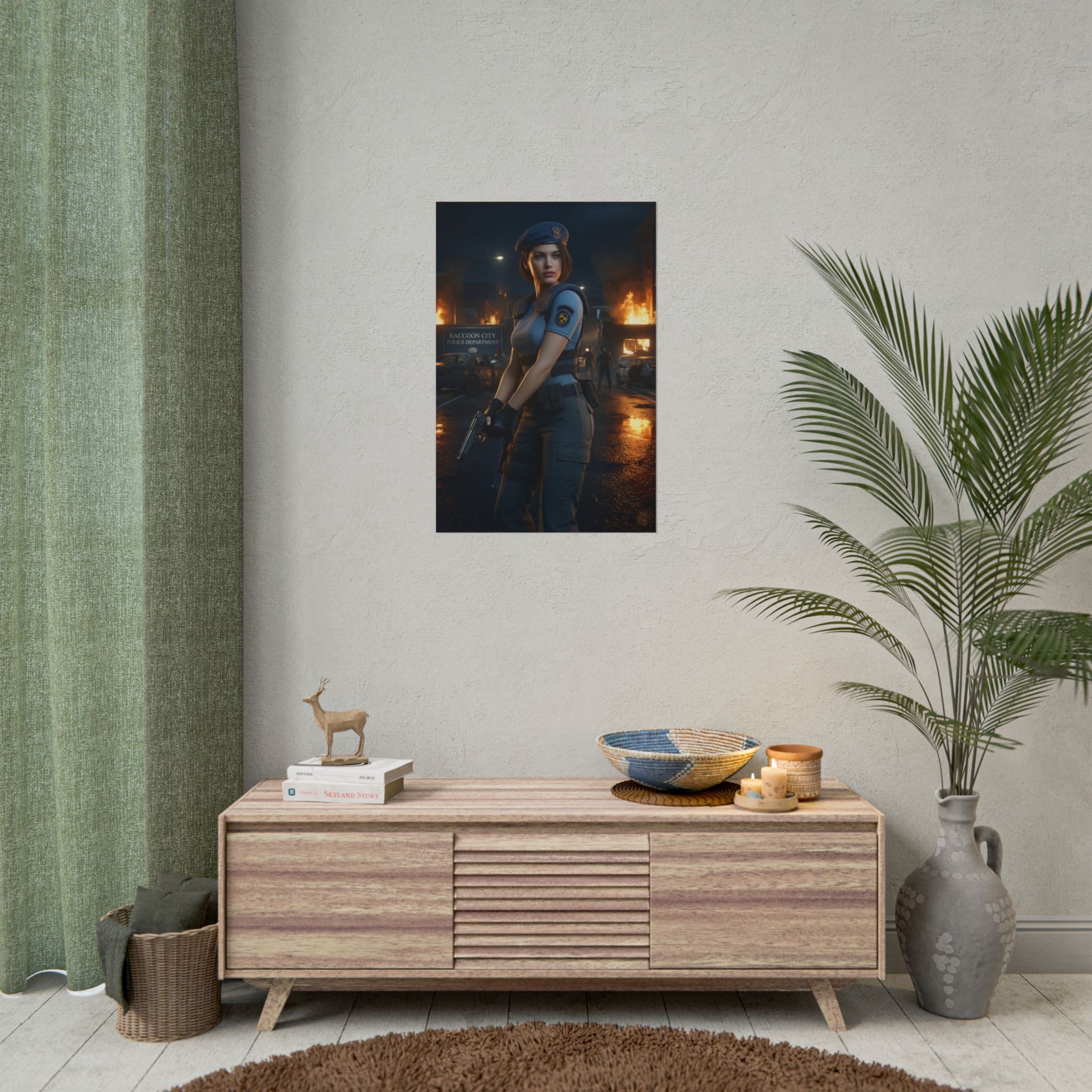 Jill Valentine Poster – Iconic Survival Heroine Wall Art for Gamer Decor framed on living room wall, vivid ultra-high resolution print