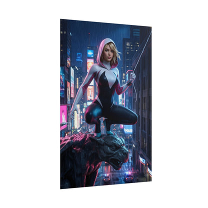 Gwen Stacy Poster, Spider-Verse Art Print, Iconic Superhero Character — dynamic Gwen Stacy in city at night, modern comic-style wall art for gaming or home office