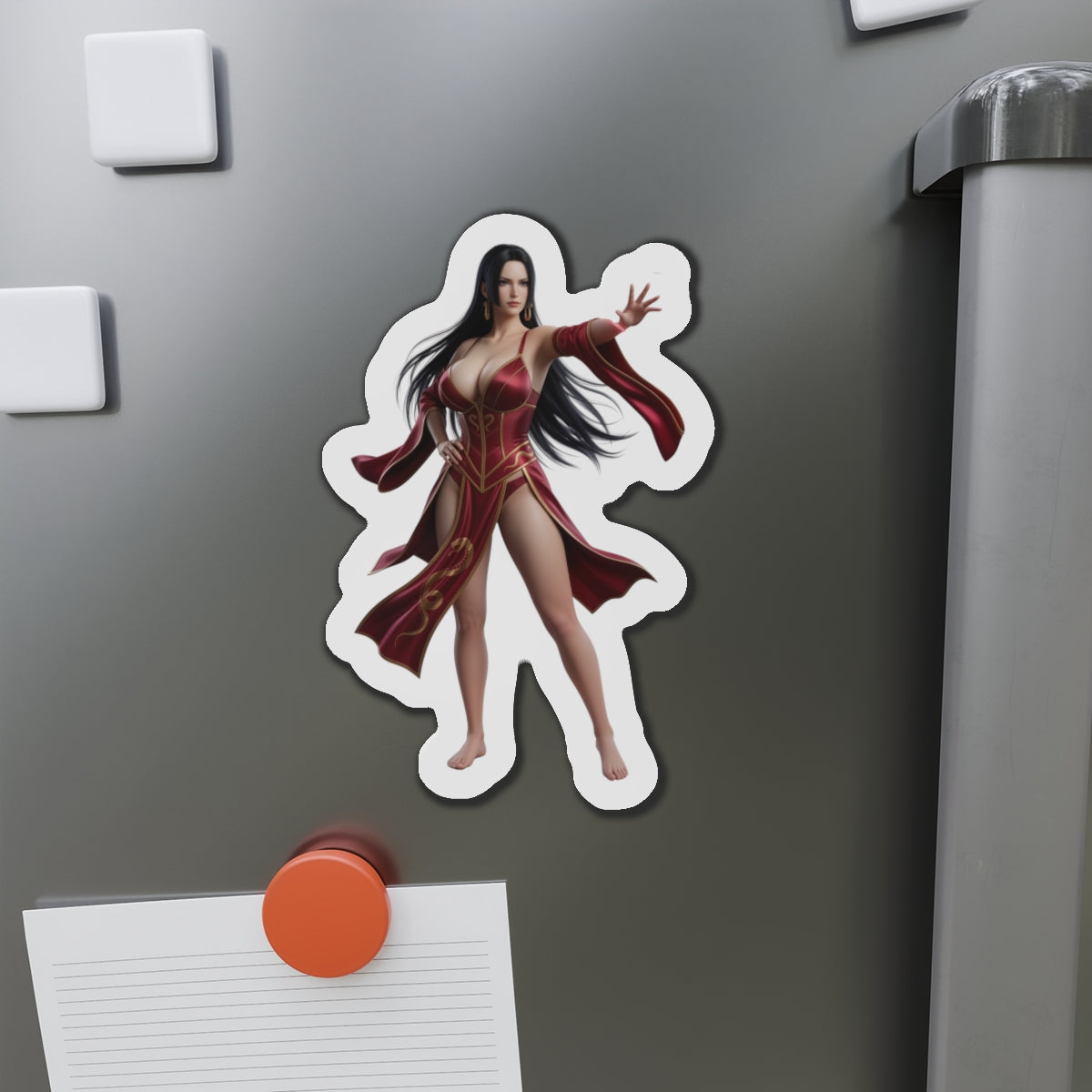 Boa Hancock Magnet – One Piece Anime Heroine Fridge Magnet, Pirate Decor sticker on steel fridge showing die-cut vinyl Boa Hancock artwork