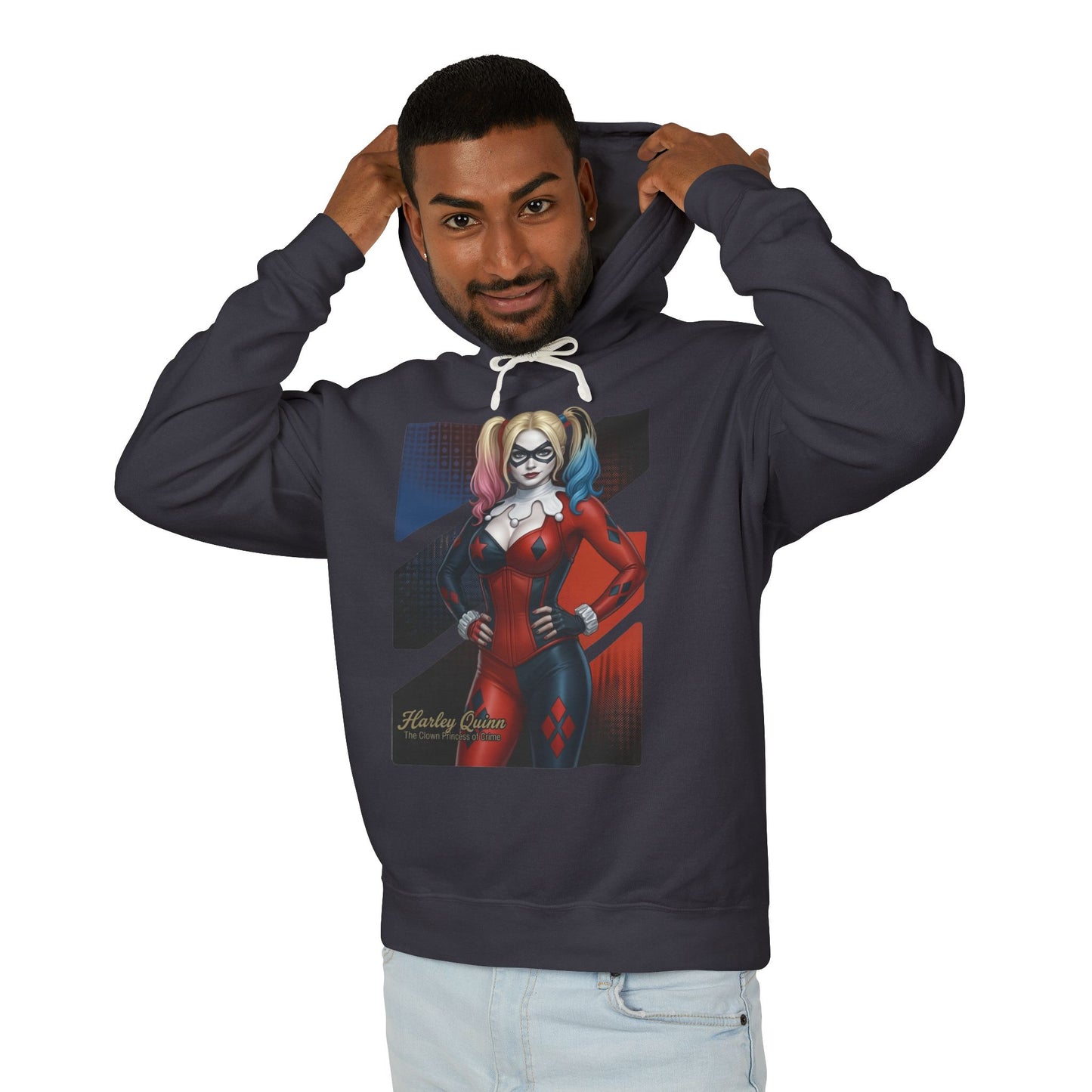 Harley Quinn Hoodie | DC Comics Hoodie | Anime Villain Girl Pullover - man wearing navy pullover with bold Harley Quinn anime illustration
