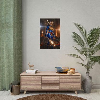 Big Barda Poster, DC Comics Art Print – Iconic Warrior Heroine Wall Art on modern living room wall, bold blue armor and cosmic warrior pose
