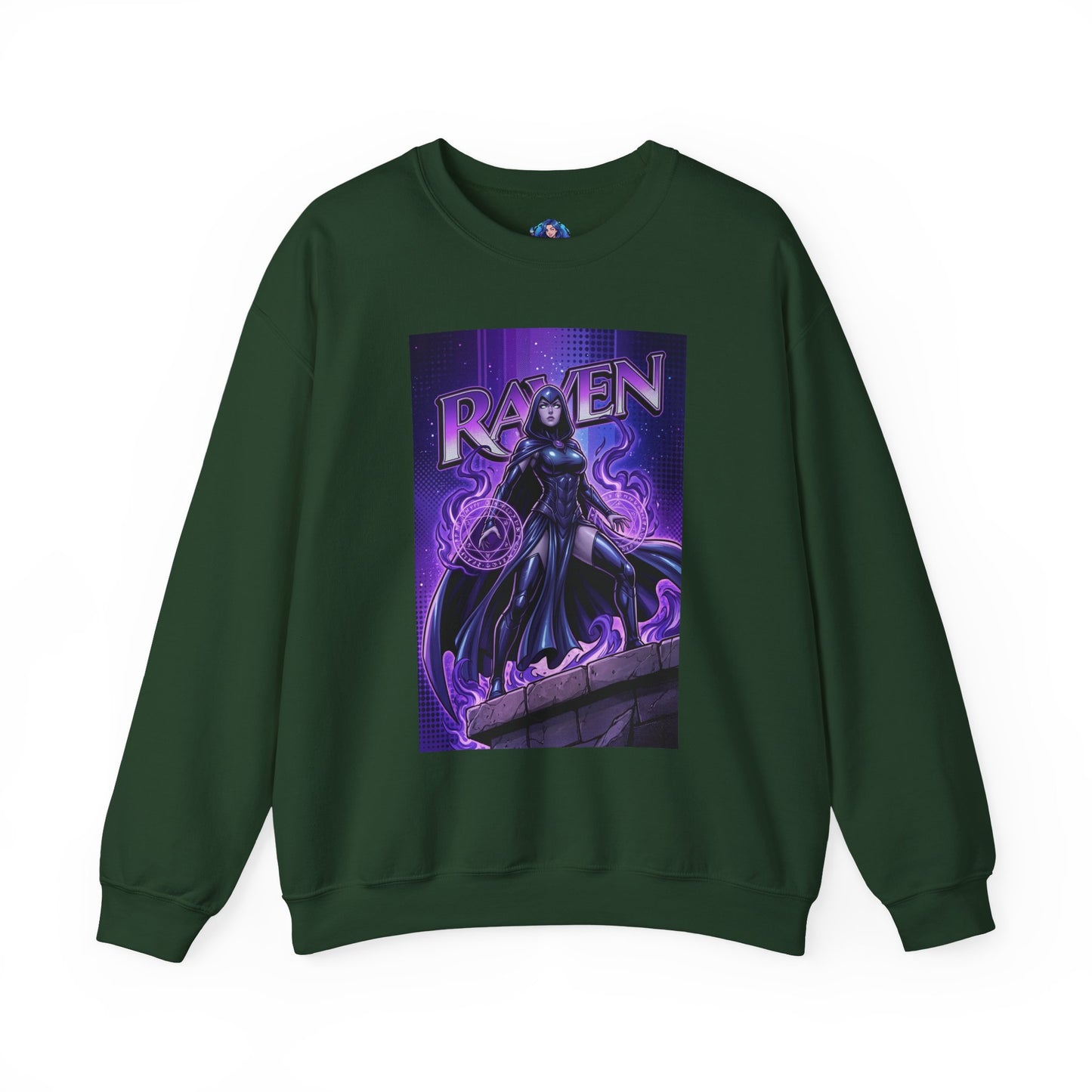 Raven Sweatshirt, DC Comics Art Print Style, Premium Mystic Apparel - dark green crewneck featuring anime-inspired Raven with glowing arcane symbols