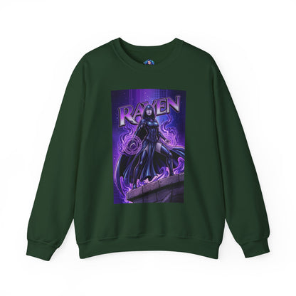 Raven Sweatshirt, DC Comics Art Print Style, Premium Mystic Apparel - dark green crewneck featuring anime-inspired Raven with glowing arcane symbols