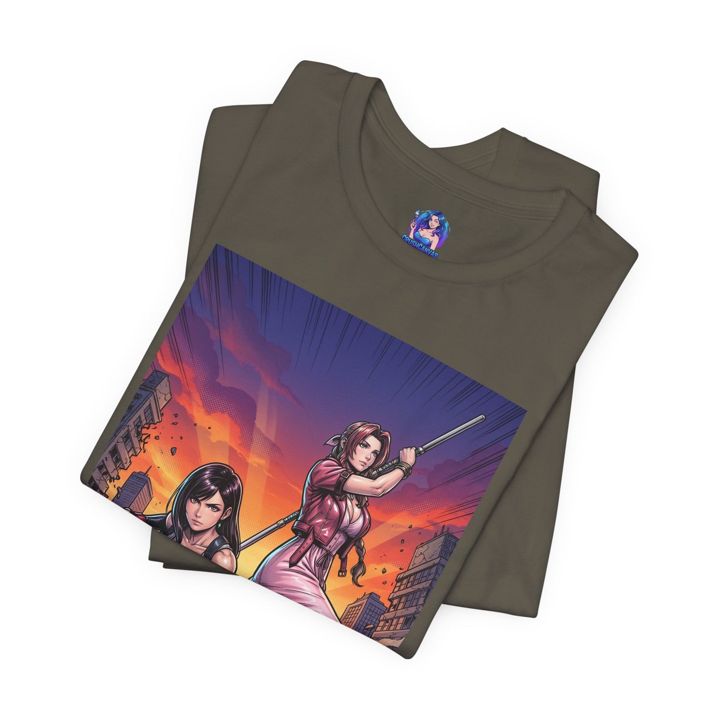 Tifa Lockhart and Aerith Gainsborough T-Shirt | Final Fantasy Duo Anime Tee - anime duo illustration of Tifa and Aerith in urban battle on Bella Canvas tee
