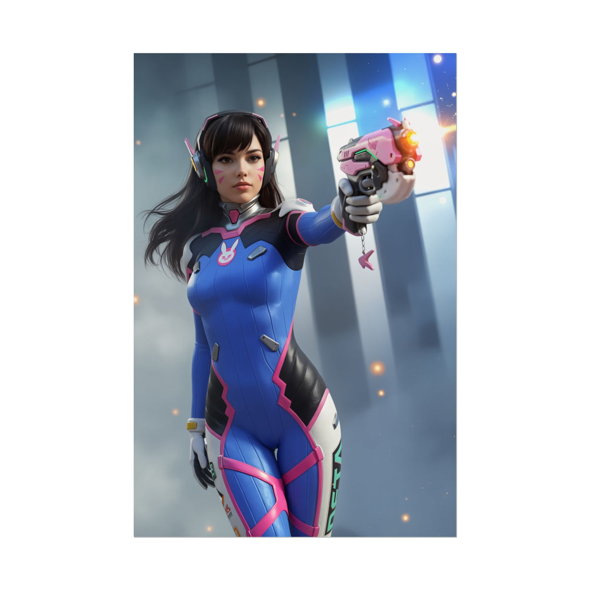 D.Va Poster  Iconic Mech Pilot Heroine Wall Art for Gamer Room Decor featuring dynamic D.Va pose with pink blaster and vivid esports colors