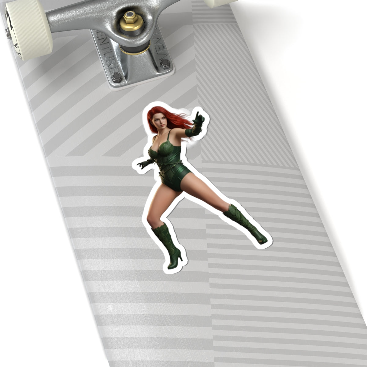 Poison Eve Sticker – Sci-Fi Game Vinyl Sticker for Laptops & Indoor Decor on skateboard showing glossy, durable vinyl decal with vibrant sci‑fi character art