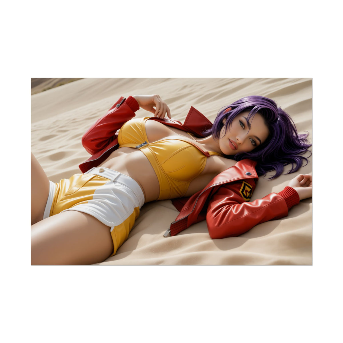 Waifu Wall Art Poster | Faye Valentine Anime Print for Otaku Room Decor - cinematic portrait of Faye Valentine in yellow outfit and red jacket on sand