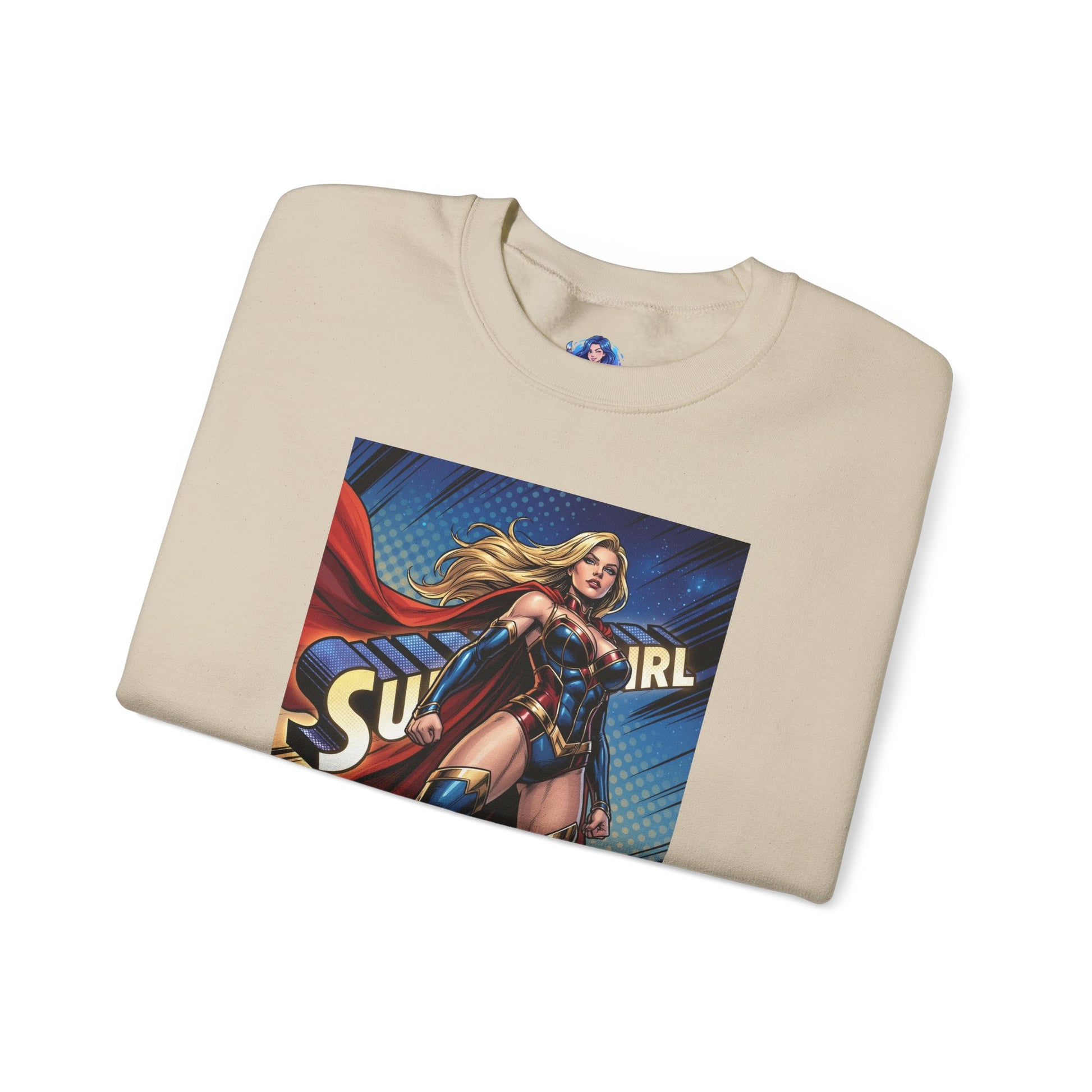 Alt Tag: Supergirl Sweatshirt, DC Comics Crewneck, Iconic Superhero Fan Apparel folded beige crewneck with comic-style Supergirl graphic