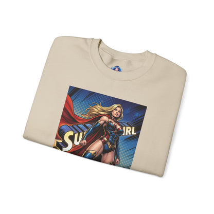 Alt Tag: Supergirl Sweatshirt, DC Comics Crewneck, Iconic Superhero Fan Apparel folded beige crewneck with comic-style Supergirl graphic