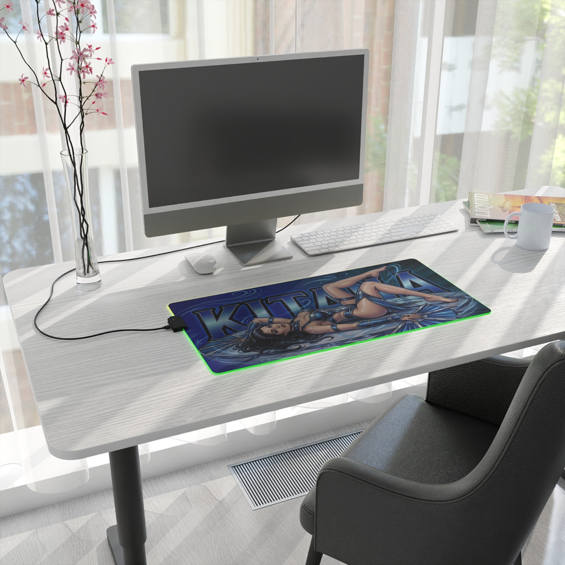 Kitana RGB Desk Mat, Mortal Kombat Gaming Mouse Pad, LED Desk Mat for Gamer Setup on modern white desk with RGB lighting and Kitana artwork