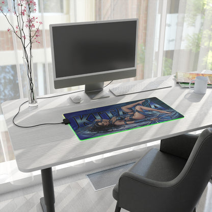 Kitana RGB Desk Mat, Mortal Kombat Gaming Mouse Pad, LED Desk Mat for Gamer Setup on modern white desk with RGB lighting and Kitana artwork