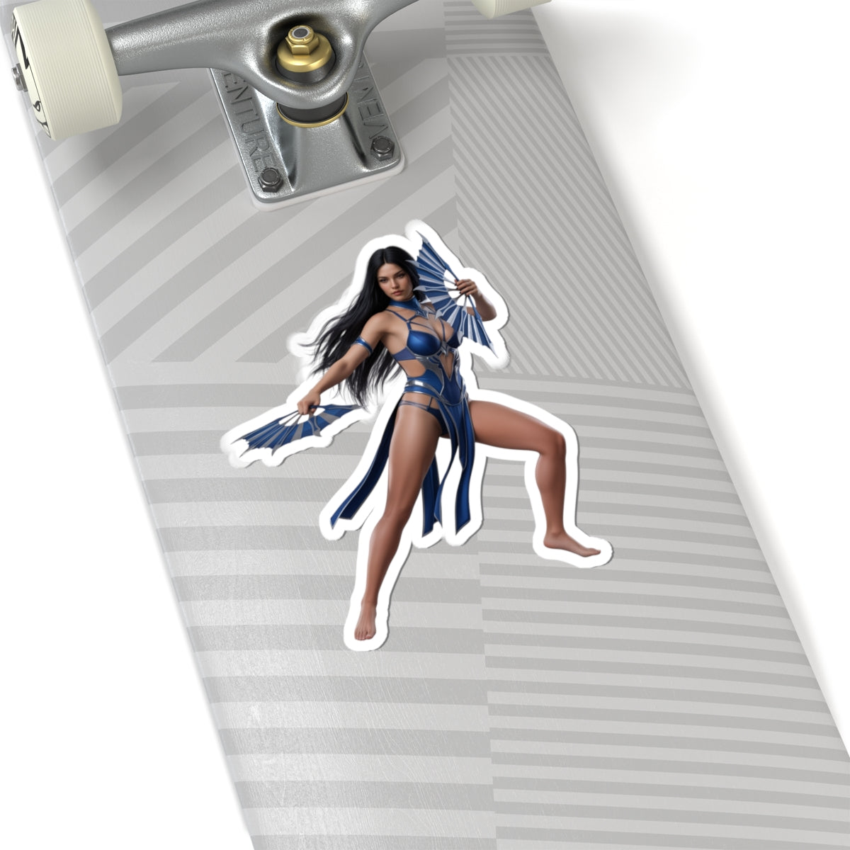 Kitana Sticker – Mortal Kombat Vinyl Sticker for Laptops & Indoor Decor on skateboard showing glossy durable vinyl, vibrant colors, and strong adhesive
