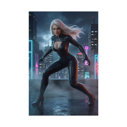Black Cat Poster, Marvel Art Print – Classic Comic Book Wall Decor featuring dynamic Black Cat character in sleek black suit on neon-lit city rooftop