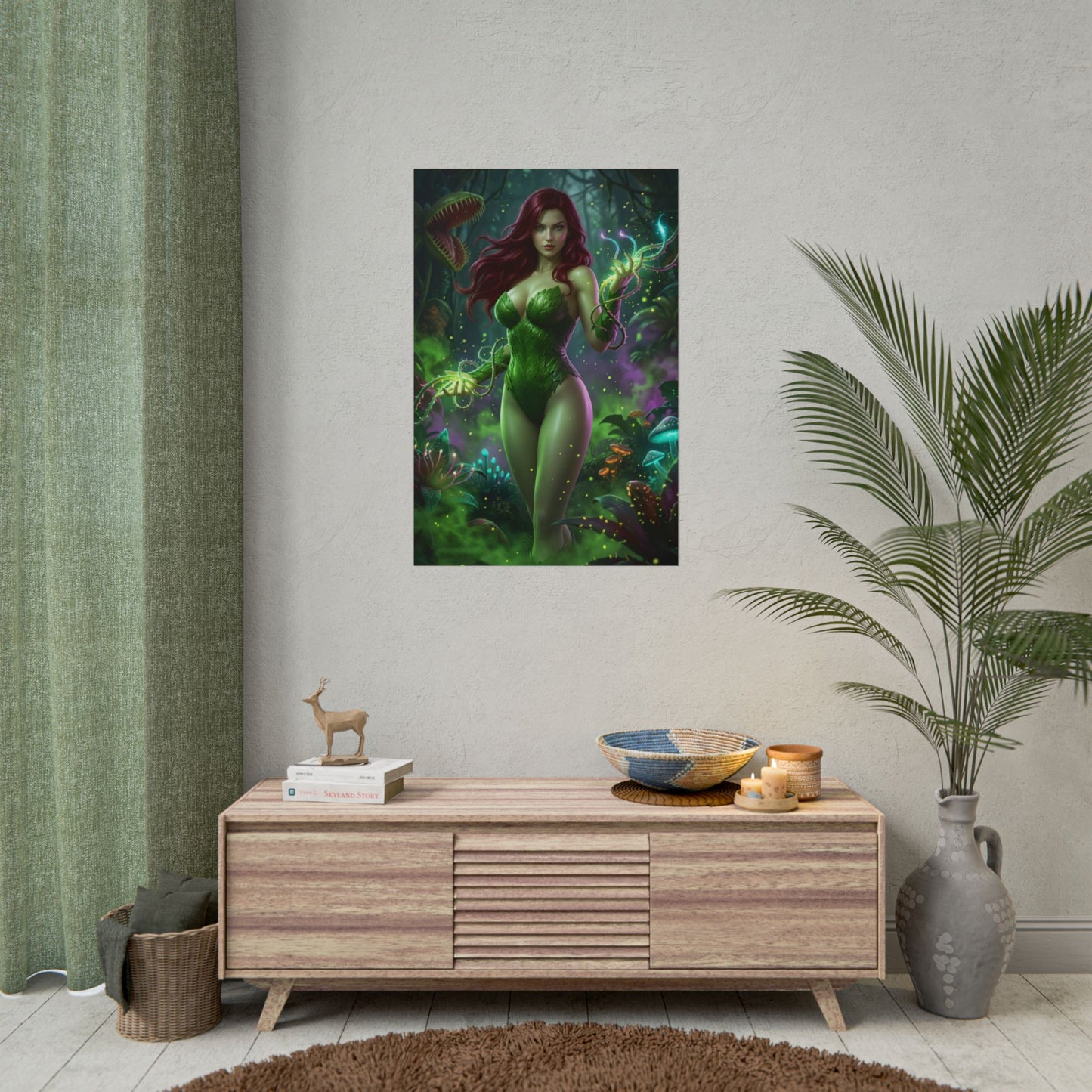 Poison Ivy Poster, DC Art Print – Iconic Comic Villain Heroine Wall Art displayed in modern living room setting