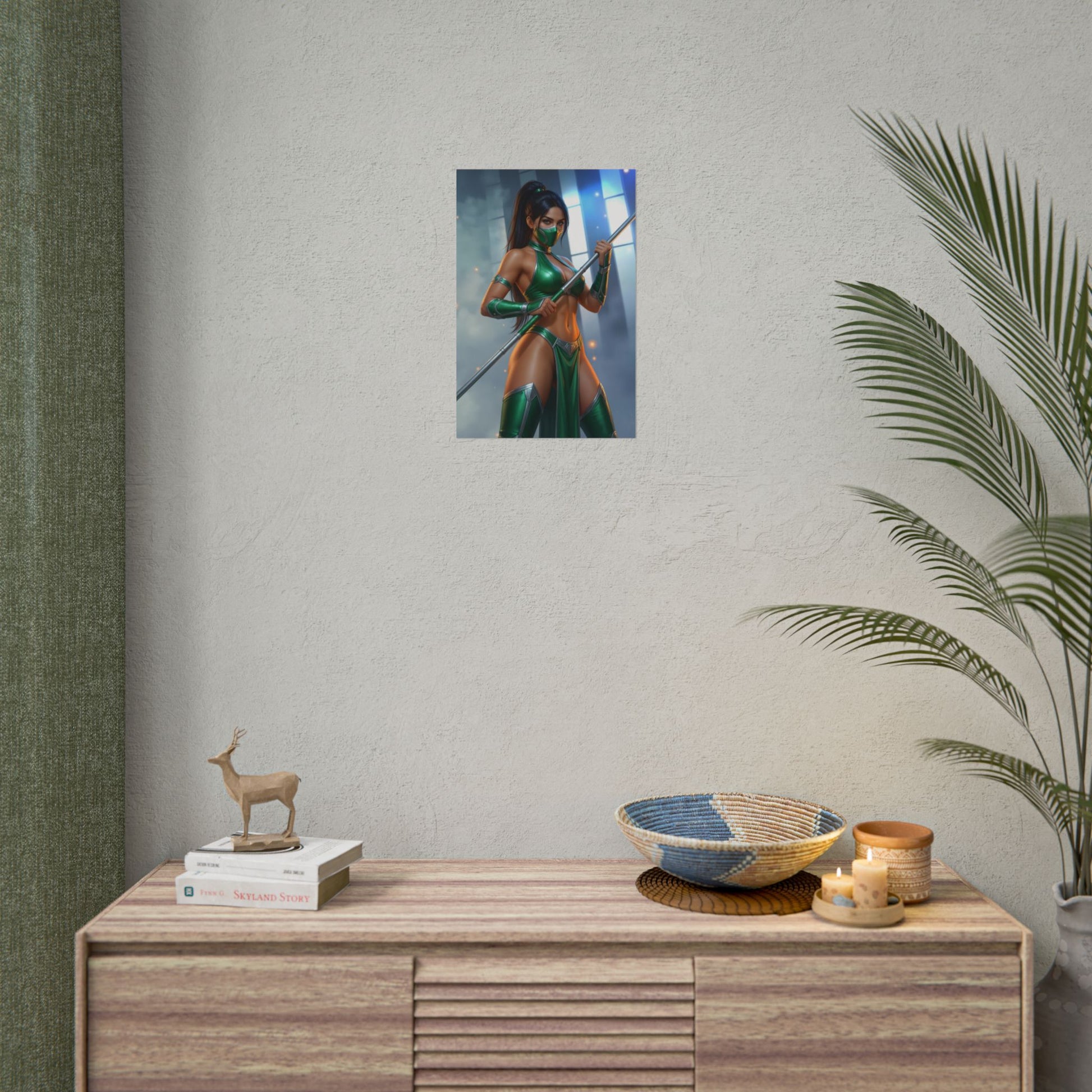 Jade Mortal Kombat Poster – Iconic Fighting Game Heroine Wall Art on neutral wall above console, vivid high-resolution gaming room decor