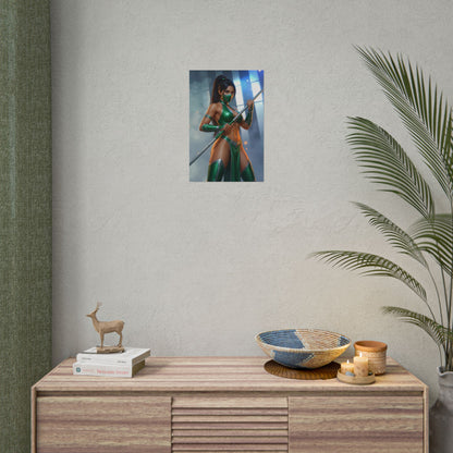 Jade Mortal Kombat Poster – Iconic Fighting Game Heroine Wall Art on neutral wall above console, vivid high-resolution gaming room decor