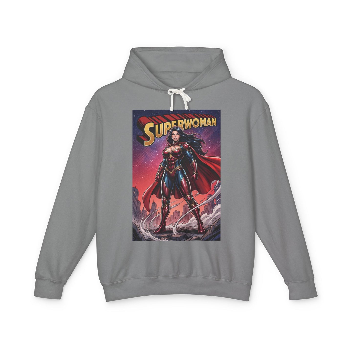 Superwoman Hoodie | DC Superhero Hoodie | Power Unleashed Pullover - gray pullover with bold Superwoman comic-print front, soft cotton streetwear