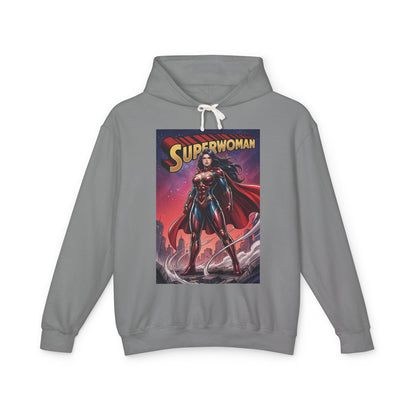 Superwoman Hoodie | DC Superhero Hoodie | Power Unleashed Pullover - gray pullover with bold Superwoman comic-print front, soft cotton streetwear