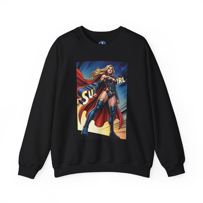 Supergirl Sweatshirt, DC Comics Crewneck, Iconic Superhero Fan Apparel black crewneck featuring comic-style Supergirl with flowing blonde hair and cape