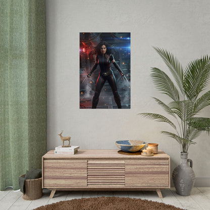 X-23 Poster, Marvel Art Print – Iconic Mutant Warrior Wall Art centered above modern console in gamer room decor